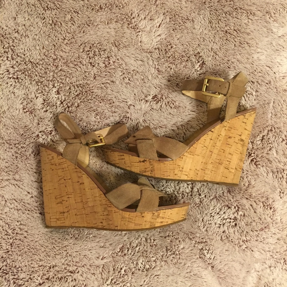 Michael Kors Suede & Cork Tan & Gold Wedge